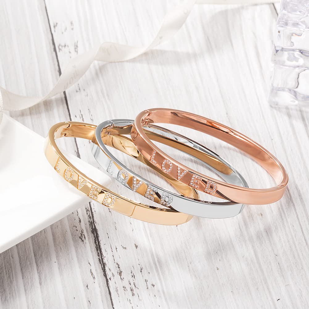 WISTIC Gold Plated Bangle Bracelet for Women, Silver Engraved Letter Cuff Bracelet with CZ, Fits 6.0–7.0 Inch Wrist, 2.4in Inner Dia., Rose Gold Stainless Steel Hinged Bangle Jewelry, LOVED, Silver