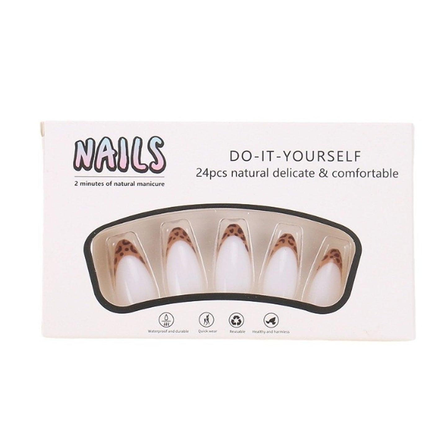 Hkanlre Leopard Print Press on Nails Almond White Fake French Nails Tips Full Cover False Medium Nails for Women 24PCS