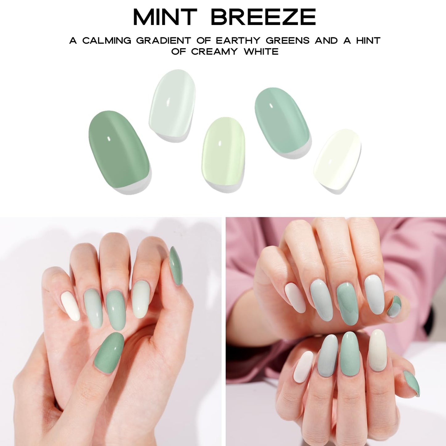 Semi-Cured Gel Nail Strips - 20 Salon-Quality Gel Sticker with UV Light Required, Long Lasting, Easy Application & Removal, Includes Prep Pad, Nail File, Wooden Stick (Green Mint)