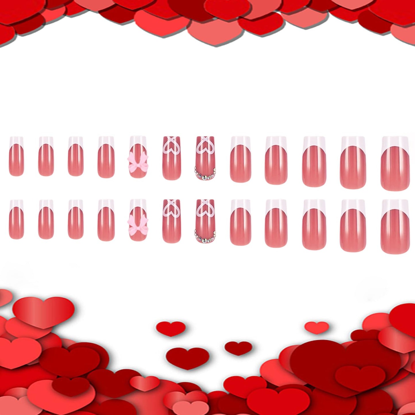 Heart Press on Nails Medium Square Artificial Acrylic French White Fake Nails 3D Bow with Translucent Love Full Cover Glossy Rhinestones Valentines Artificial Fingernails Stick on Nail for Festival