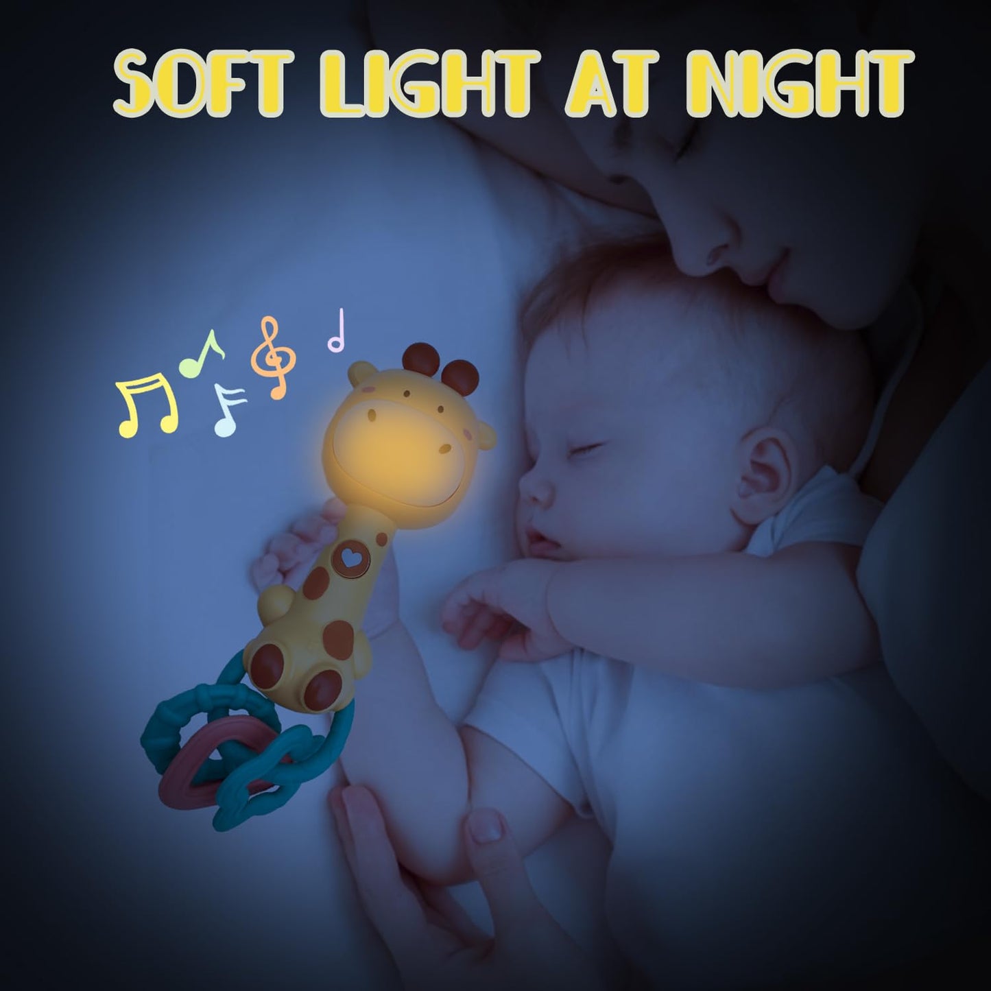 WHNKFB Bright Yellow Giraffe Baby Musical Rattle Toy - Light-Up Teether & Sensory Chew, BPA-Free Soft Rubber, Baby Shower & 1st Birthday Gift for 6-18 Months 1+ Year Old