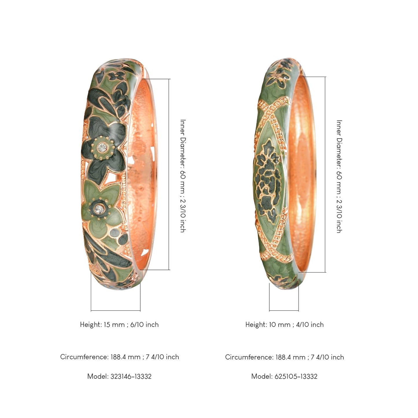 wynameleri Vintage Jewelry Cloisonne Handcrafted Enameled Gorgeous Rhinestone Flower Hinged Cuff Bracelet Bangles Gifts 88A11-55A128 Green