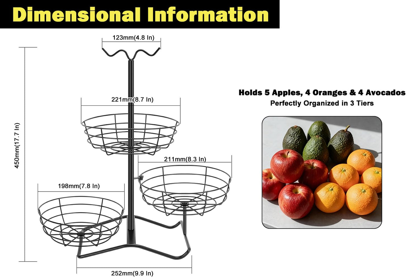 Winmien 3 Tier Fruit Basket Bowl with 2 Banana Hooks, Solid Metal Standing Vegetable Storage for Kitchen Counter, Large Capacity Organizer for Bread Snack Produce (Black)