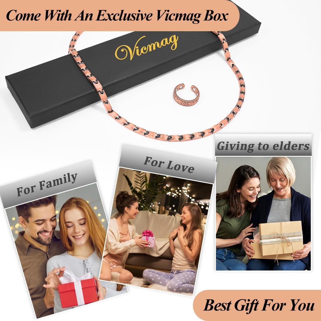 Vicmag Copper Magnetic Necklace for Women - Ultra Strength Magnets-99.9% Solid Pure Copper 2PCS Ring Necklace Set for Neck Adjustable Light Weight