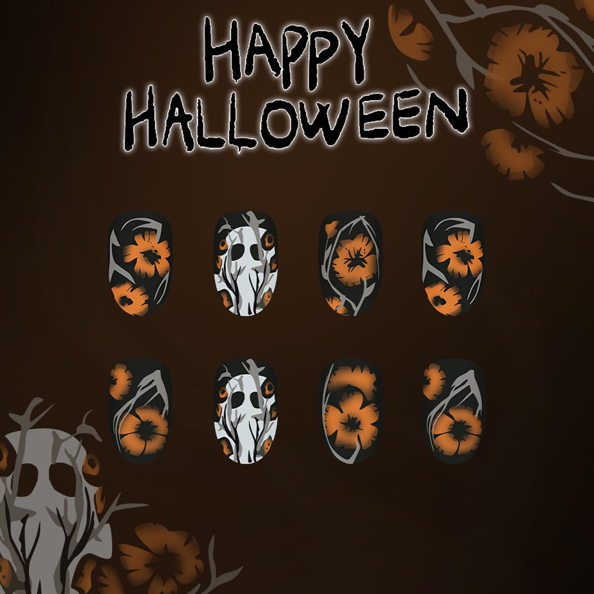 Fall Halloween Press on Nails Short Almond Fake Nails Black Matte Nails Press ons with Ghost & Flower Design-Reusable Artificial Nails Full Cover Glue on Nails Stick on Nails for Women Manicure 24 Pcs