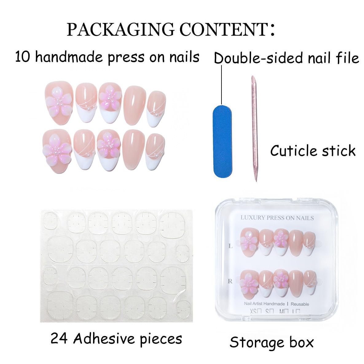 10Pcs Short Almond Handmade Press On Nails | Easy Apply & Remove, Reusable Salon Quality Nails | Elegant Nude Pink Fake Nails with 3D Floral & Pearl Accents (RR11, XS)