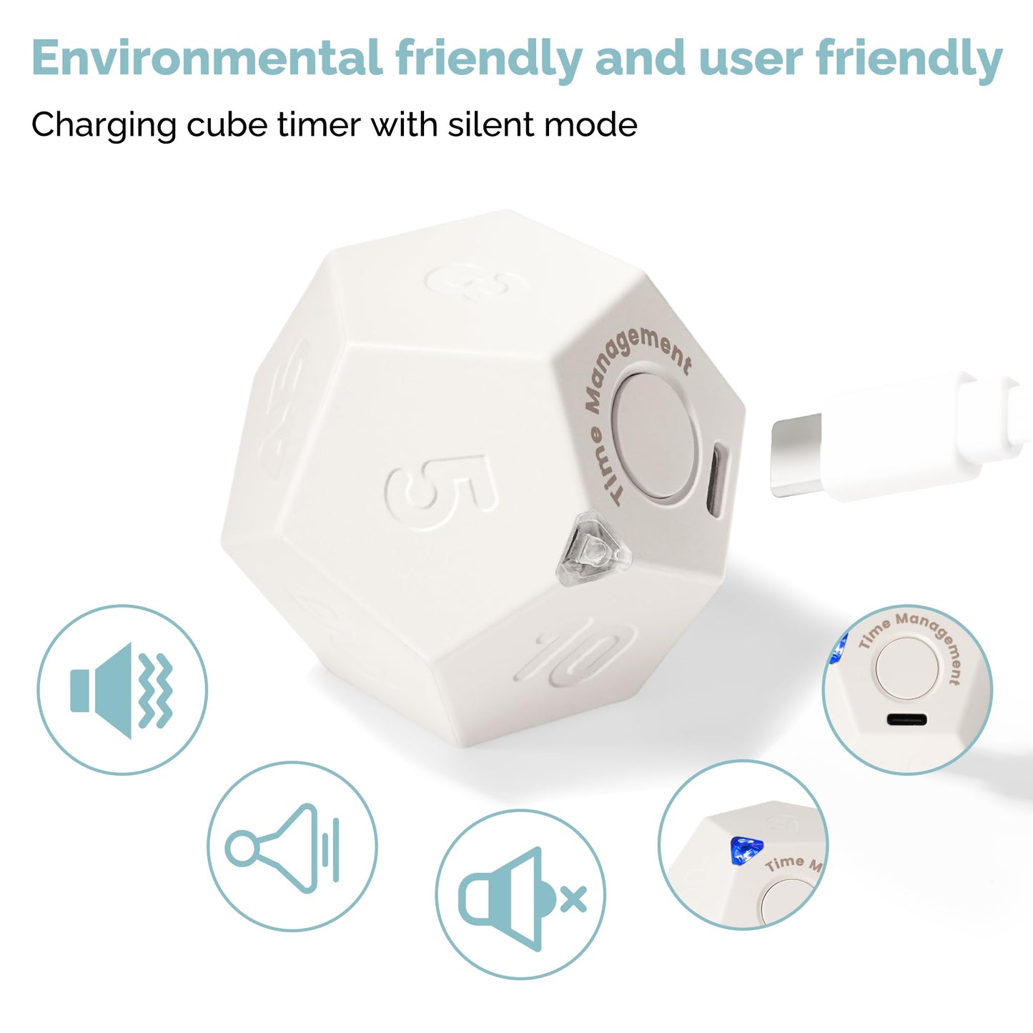 KADAMS Pomodoro Cube Timer Productivity-11 Preset Countdowns, Flip-to-Start Gravity Activation - Sound Vibrate Mute Rechargeable - Ideal for ADHD Kid Kitchen Classroom Cook Study Exercise - White
