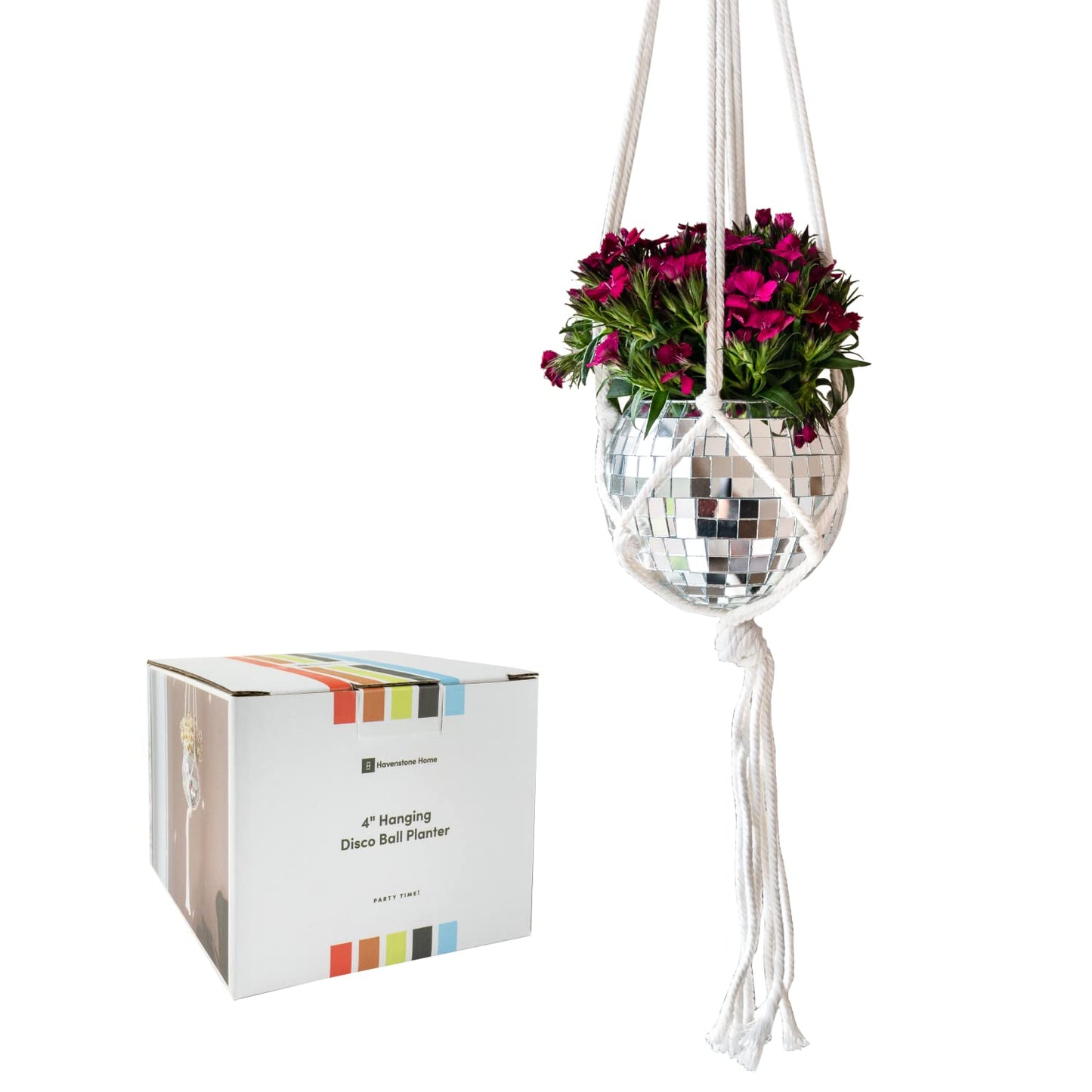 Havenstone Home Hanging Disco Ball Planter 8" - with Acrylic Stand and Macrame Plant Hanger - Home Décor, Room Décor, Patio or Boho Décor, Mirror Disco Planter, Disco Decor (4" Mini with Base)
