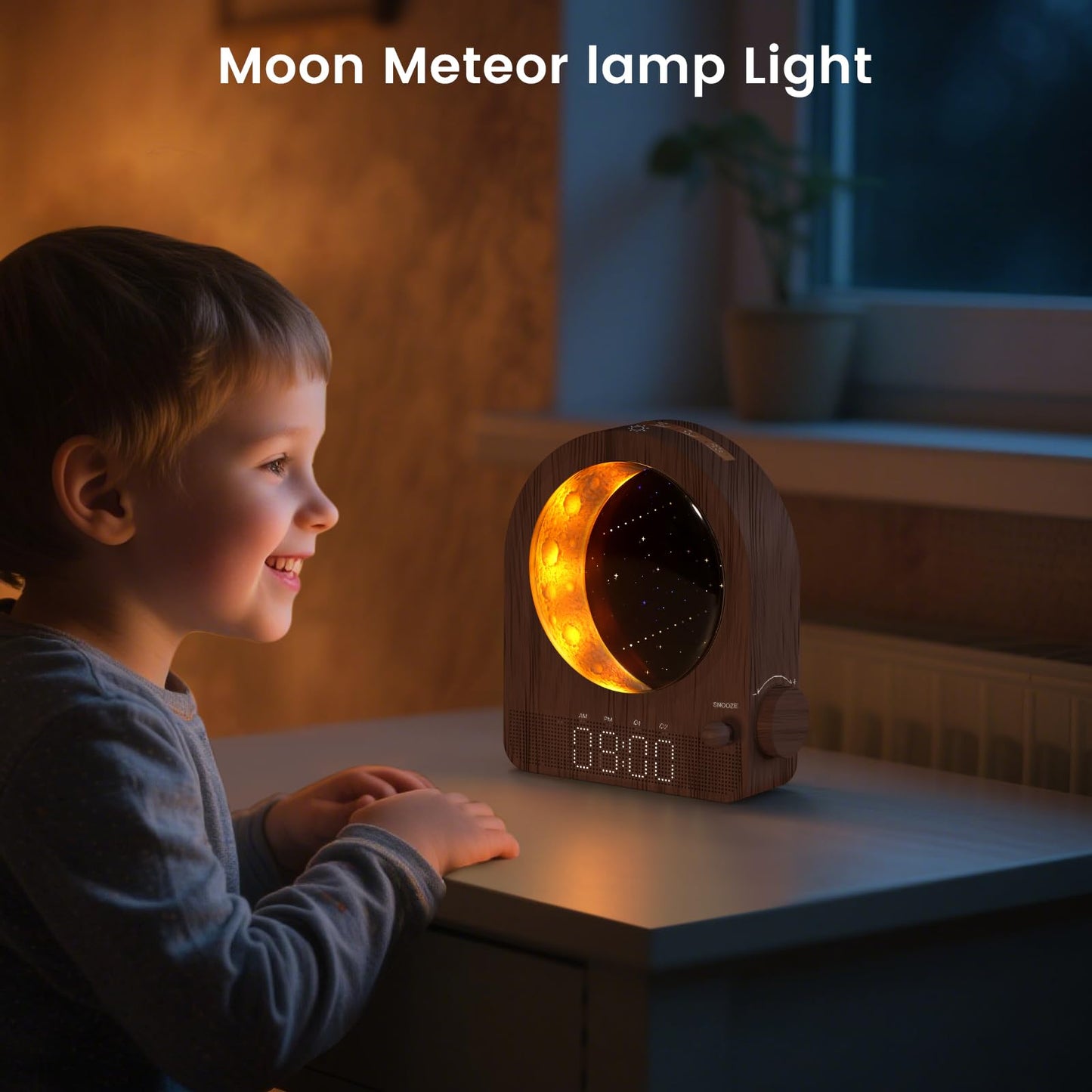 Epochleno Sunrise Alarm Clock, White Noise Machine & Meteor Moonlight - 10 Soothing Sounds, Dual Alarms, 30/60/90min Timer, Easy Snooze - Bedroom Gift for Insomnia Adults/Women - Walnut