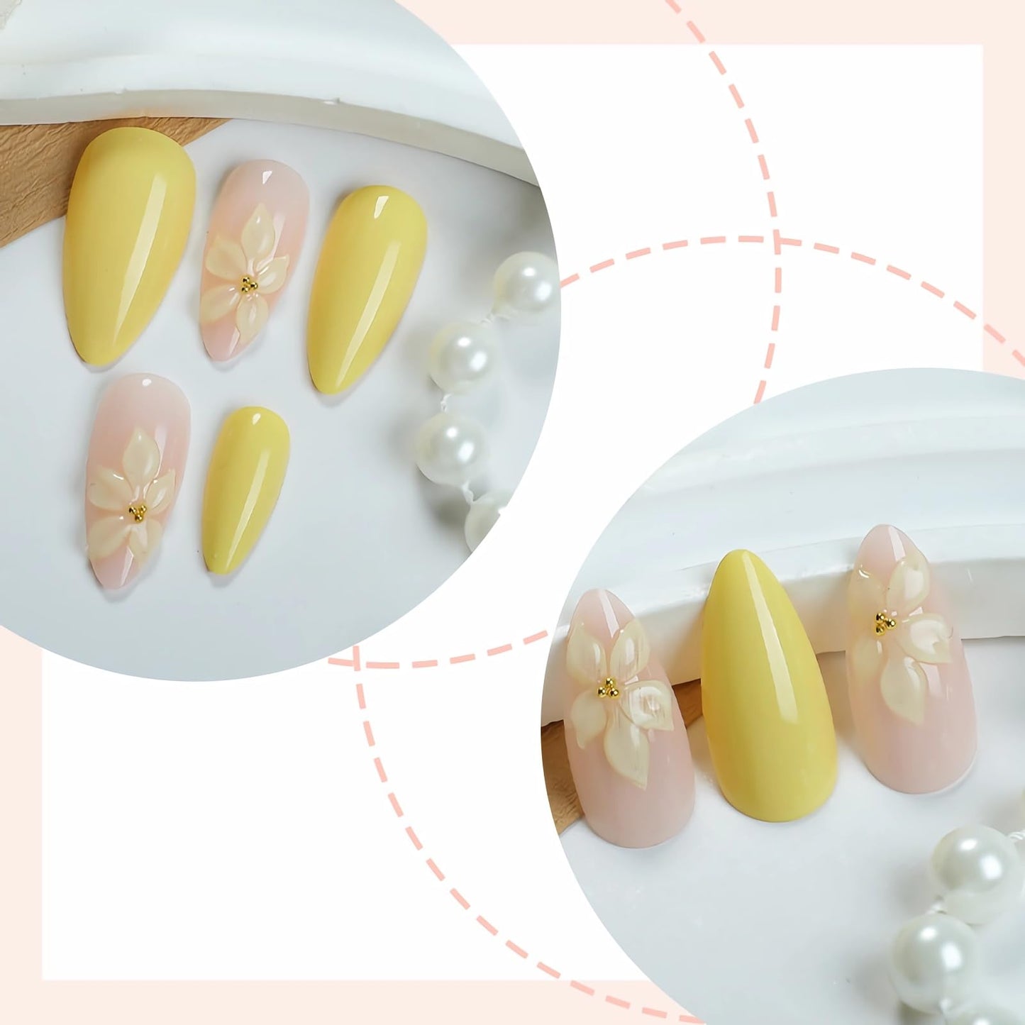 MISUD Press on Nails - Medium Almond Fake Nails with Summer Yellow Acrylic Handmade 3D Flower Design 24 pcs