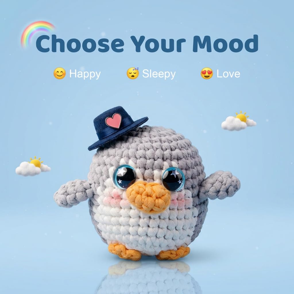 Bubbly Crochet Mr. Tux the Penguin Crochet Kit for Beginners – DIY Penguin Plush with Customizable Eyes & Hat, Step-by-Step Video Tutorials & All-in-One Tools – Amigurumi Craft Kit and Easy Arts