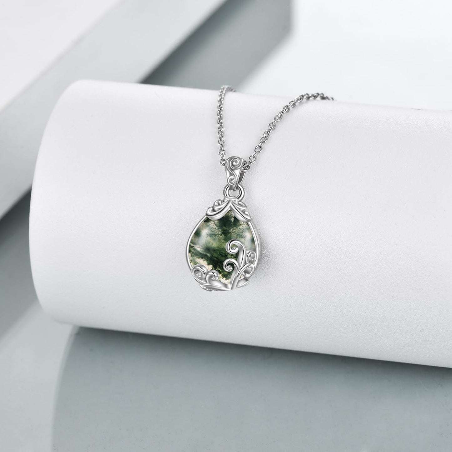 POPLYKE Sterling Silver Moss Agate Filigree Teardrop Pendant Necklace Gemstone Crystal Jewelry for Women
