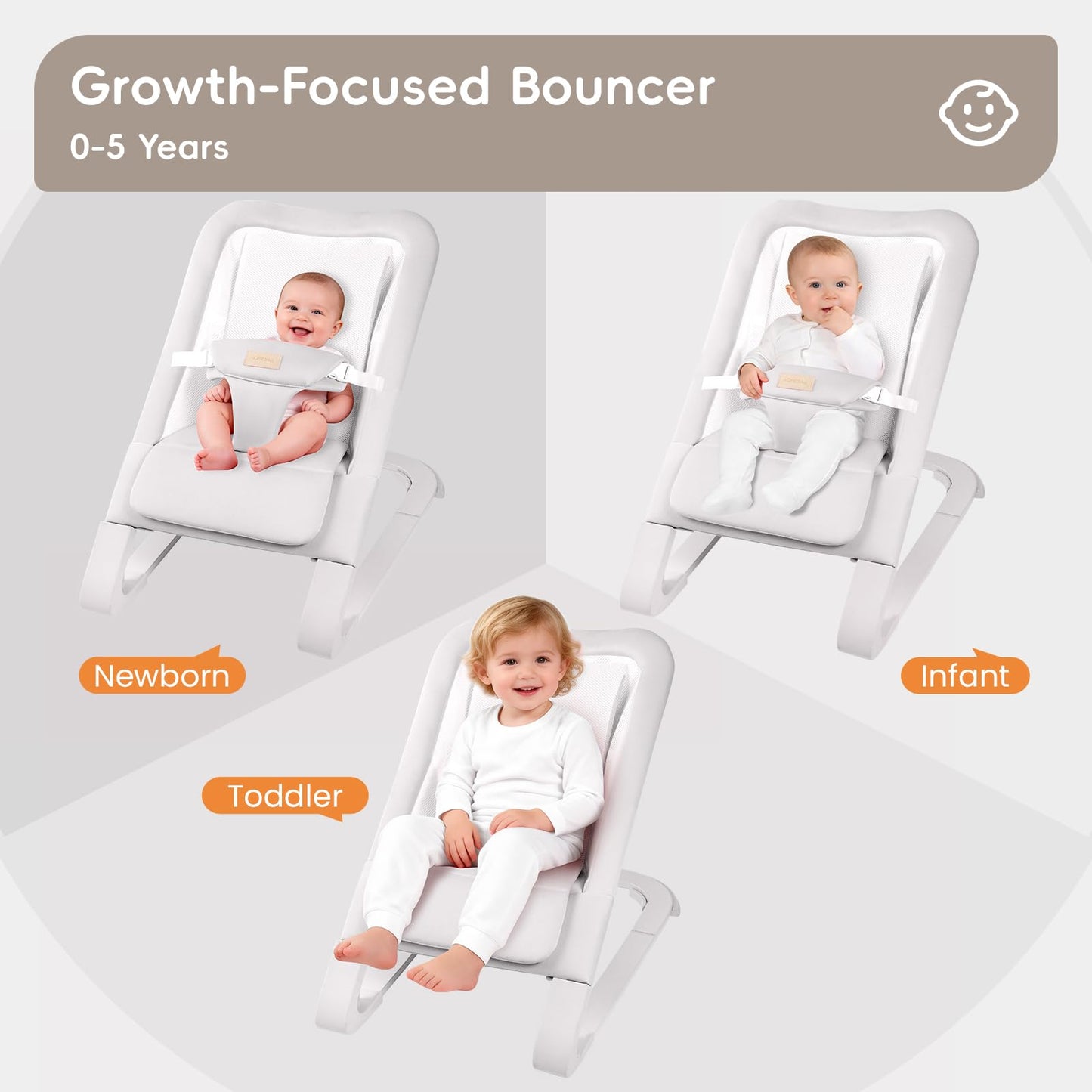 Baby Bouncer for Newborns 0-12 Months: 0-5 Years Portable Infant Seat with Soft Grey Fabric, Adjustable Recline & 3-Point Harness, Supports Up to 60 lbs