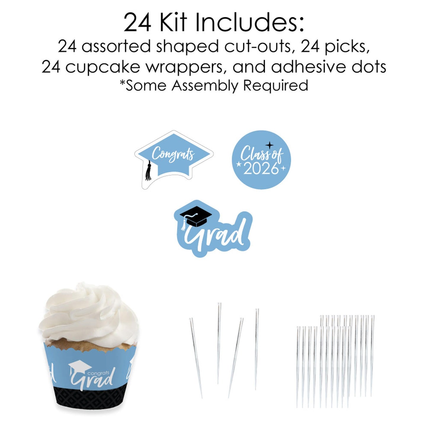 Big Dot of Happiness 2026 Light Blue Graduation Cupcake Decoration - Party Cupcake Wrappers and Treat Picks Kit - Set of 24
