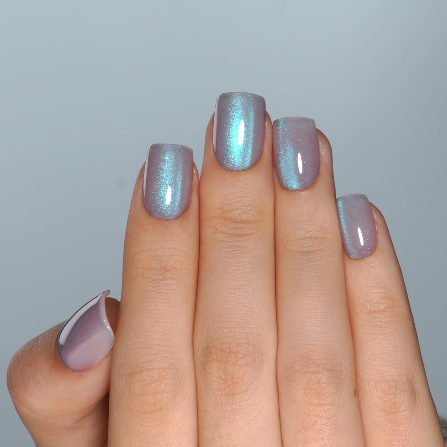 Silver Gray Cat Eye Press On Nails - Short Square Blue Magnetic Cat Eye Press On Nails, Reusable Fake Nails Kit with Nail Glue, 30PCS 15 Sizes