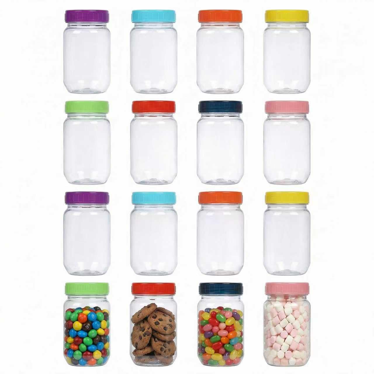 novelinks 16 oz Plastic Mason Jars with Colorful Lids, Leakproof 16oz Clear Plastic Jars with Lids, Reusable Storage Containers for Household Use (16 Pack)