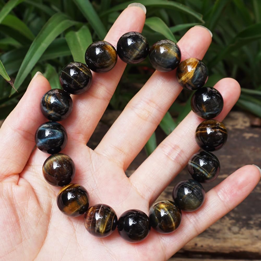 TaHLga 16MM Yellow Blue Tigers Eye Beaded Bracelet for Men | Natural Solar Plexus Chakra Gemstones | Bring Luck Wealth Courage | Protection from Evil | Gift