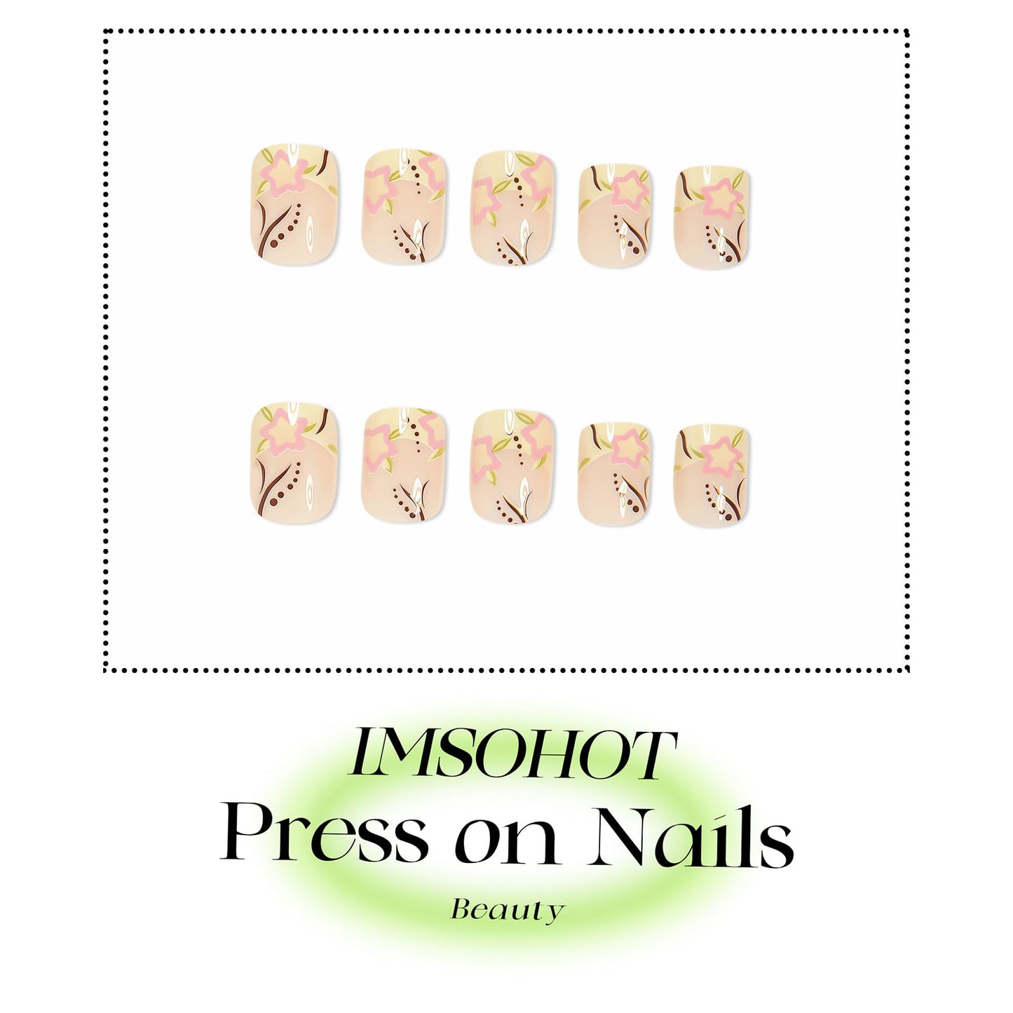 IMSOHOT Press on Nails Short Square Fake Nails with Flower Designs Yellow French Tips False Nails Cute Glossy Summer Artificial Glue on Nails for Women Girls Manicure 24Pcs