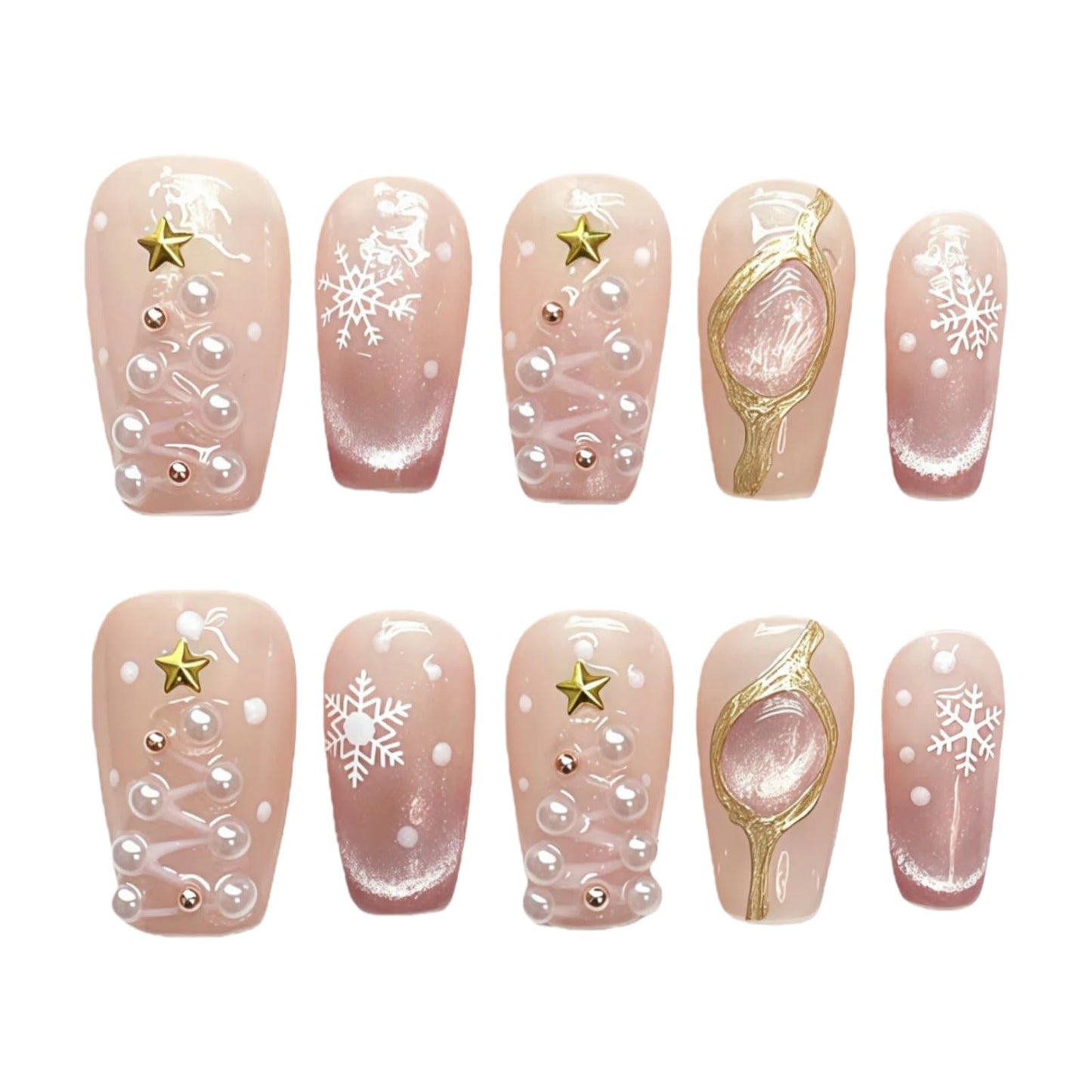 Tesytto Handmade Pink Glitter Press on Nails Short Square - 3D Star Gems & Sparkly Pearl Luxury False Nails (Holiday Opulence-B,M)