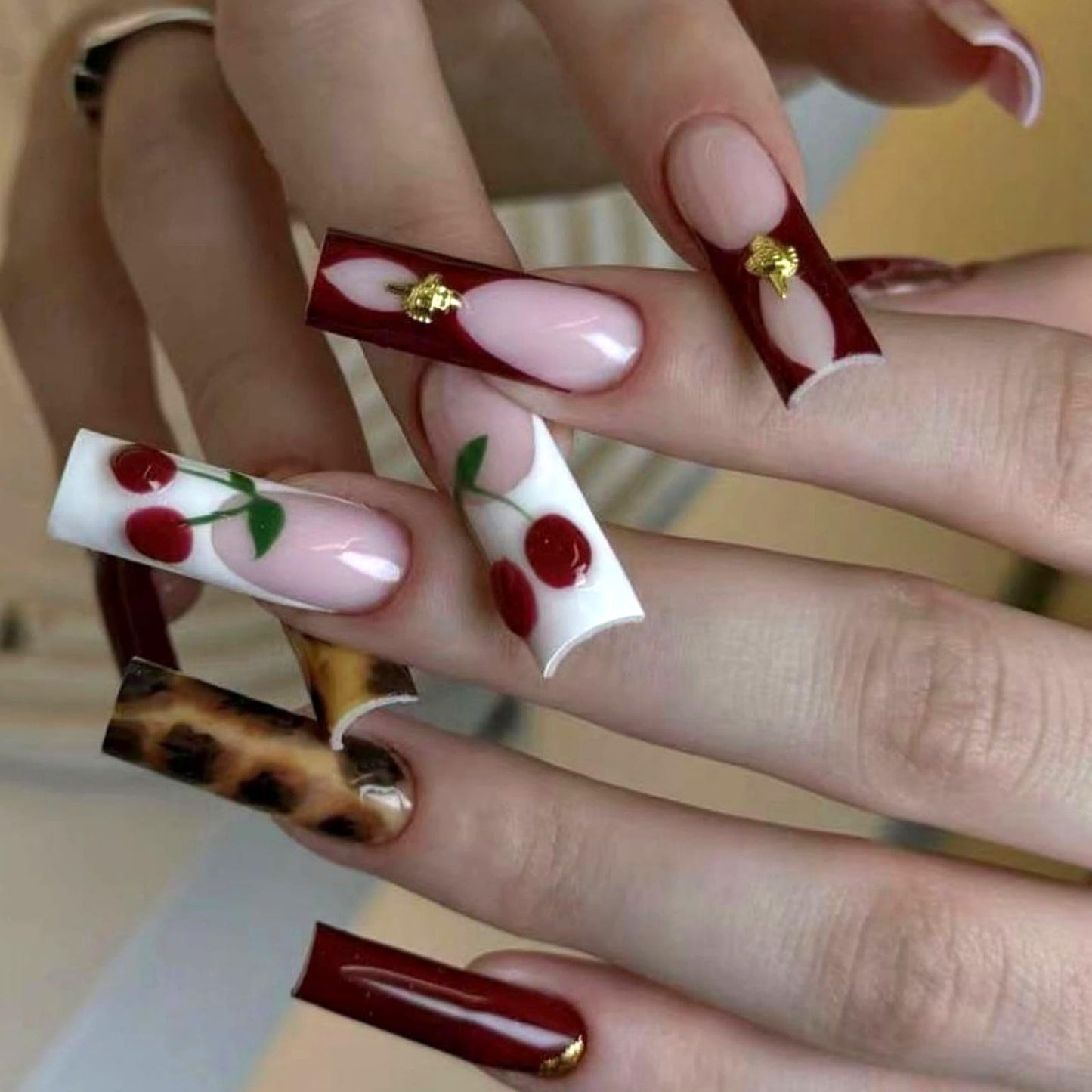MISUD Press on Nails - Extra Long Square Glue on Nails with Cherry, Acrylic Tortoise Shell Design 24 pcs