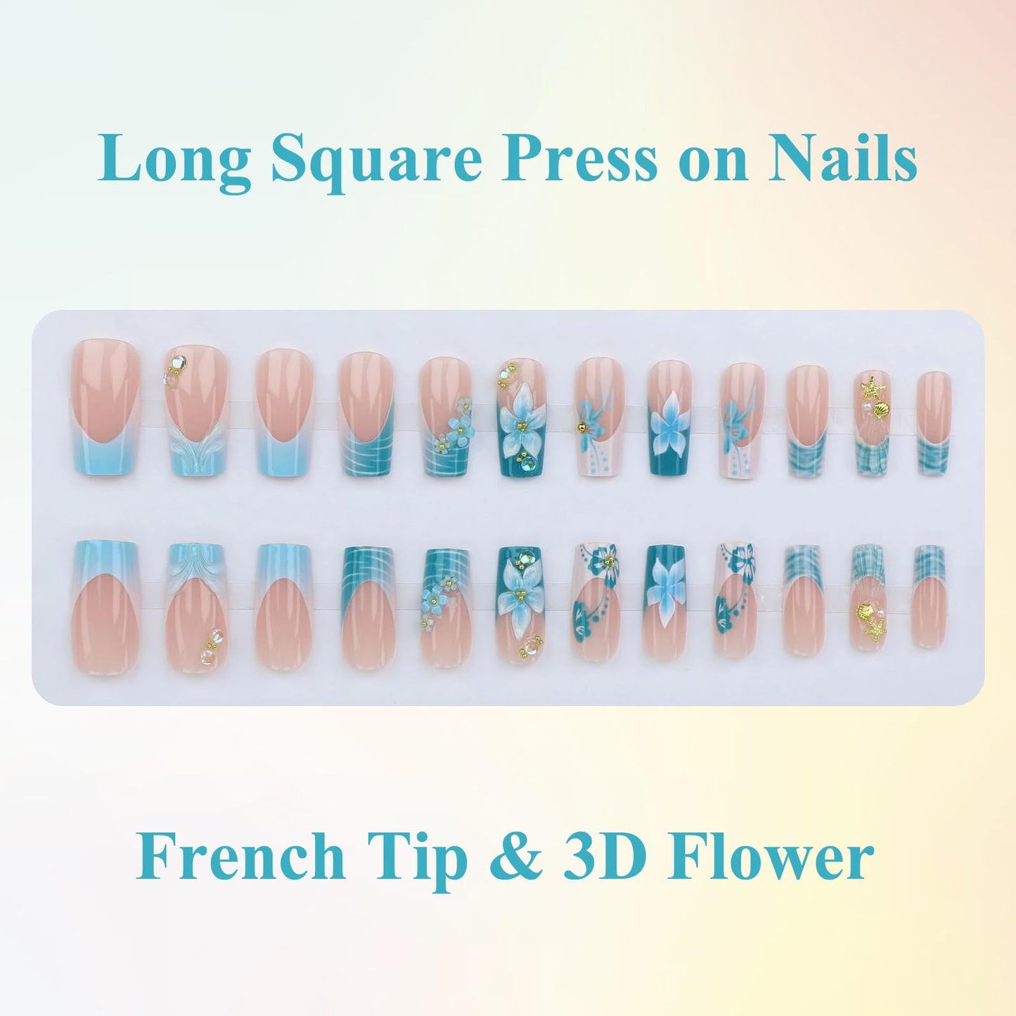 MISUD Press on Nails - Long Square Fake Nails with Green, Acrylic Handmade 3D Flower Design 24 pcs