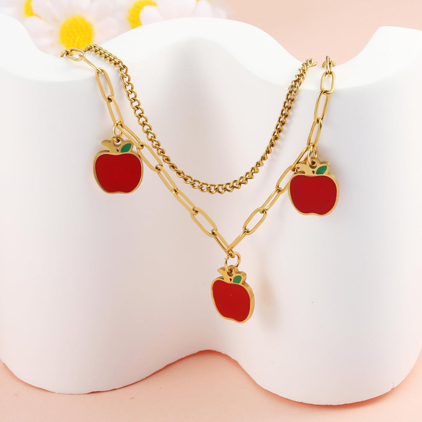 LCTrusttmor Gahna Apple Bracelets for Women, 18K Gold Plated Apple Fruit Charms with Adjustable Layered Chain Link for Women Summer Jewelry Gifts