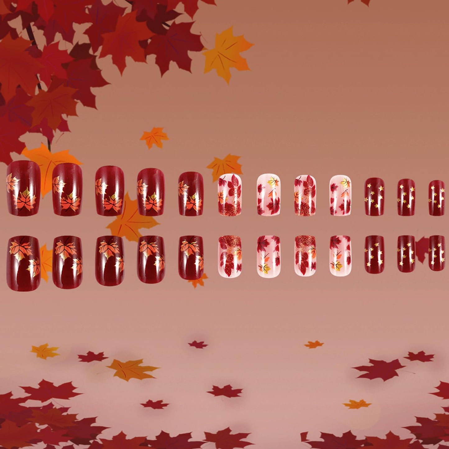 Thanksgiving Press on Nails Medium Ballet Maple Leaf Acrylic Nails Glitter Powder Maple Leaf Design Fall Stick on Nail Full Cover Glossy Artificial Fingernails Autumn Festival Glue on Nails for Women