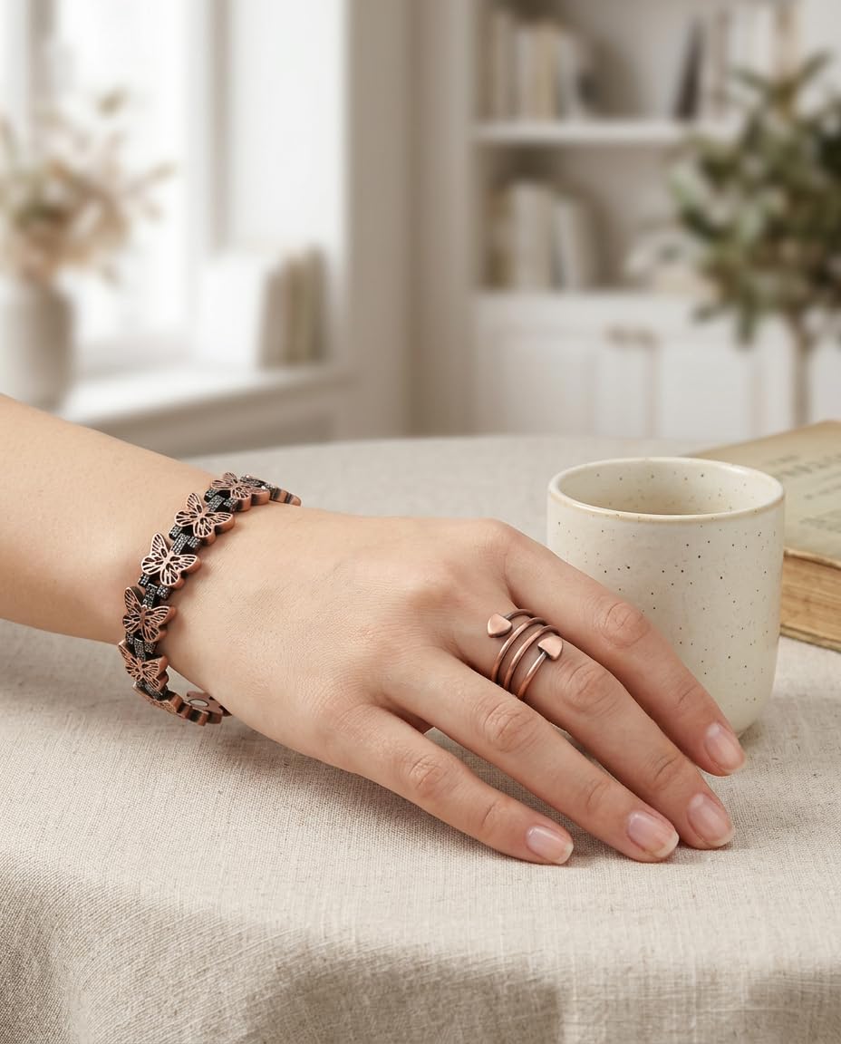 MagEnergy Copper Bracelet for Women, 99.99% Pure Solid Copper Bracelet with 3500 Gauss Magnetic, Adjustable, Jewelry Gift (Copper-Butterfly+Ring/A)