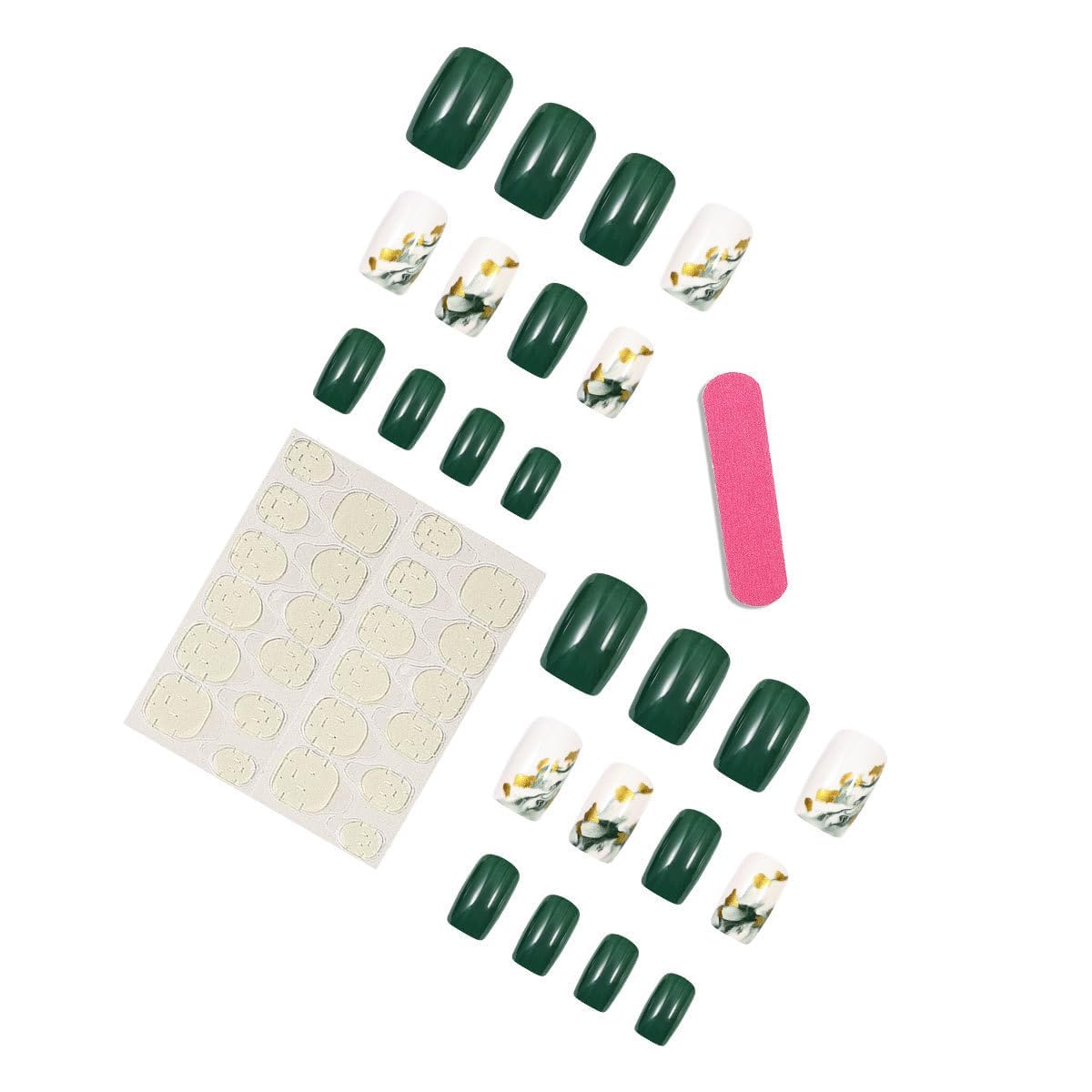 plalely Square Press on Nails Short Green Fake Nail Marble Acrylic Nail Press ons Stick on Nail for Women 24pcs