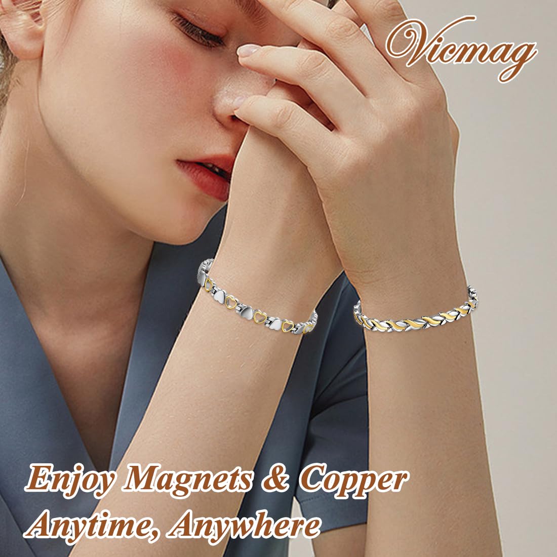 Vicmag Magnetic Bracelets for Women Titanium Steel Bracelet Strong Magnets with Adjustment Tool & Present Box (Silver Gold Fishtail & Love)