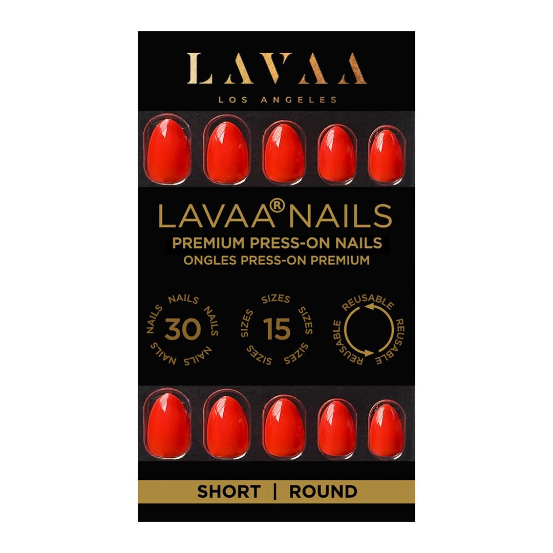 HAPPY HOUR Press-On Nails by Lavaa Beauty | Short Round Bright Orange-Red Summer Nails with Glossy Finish