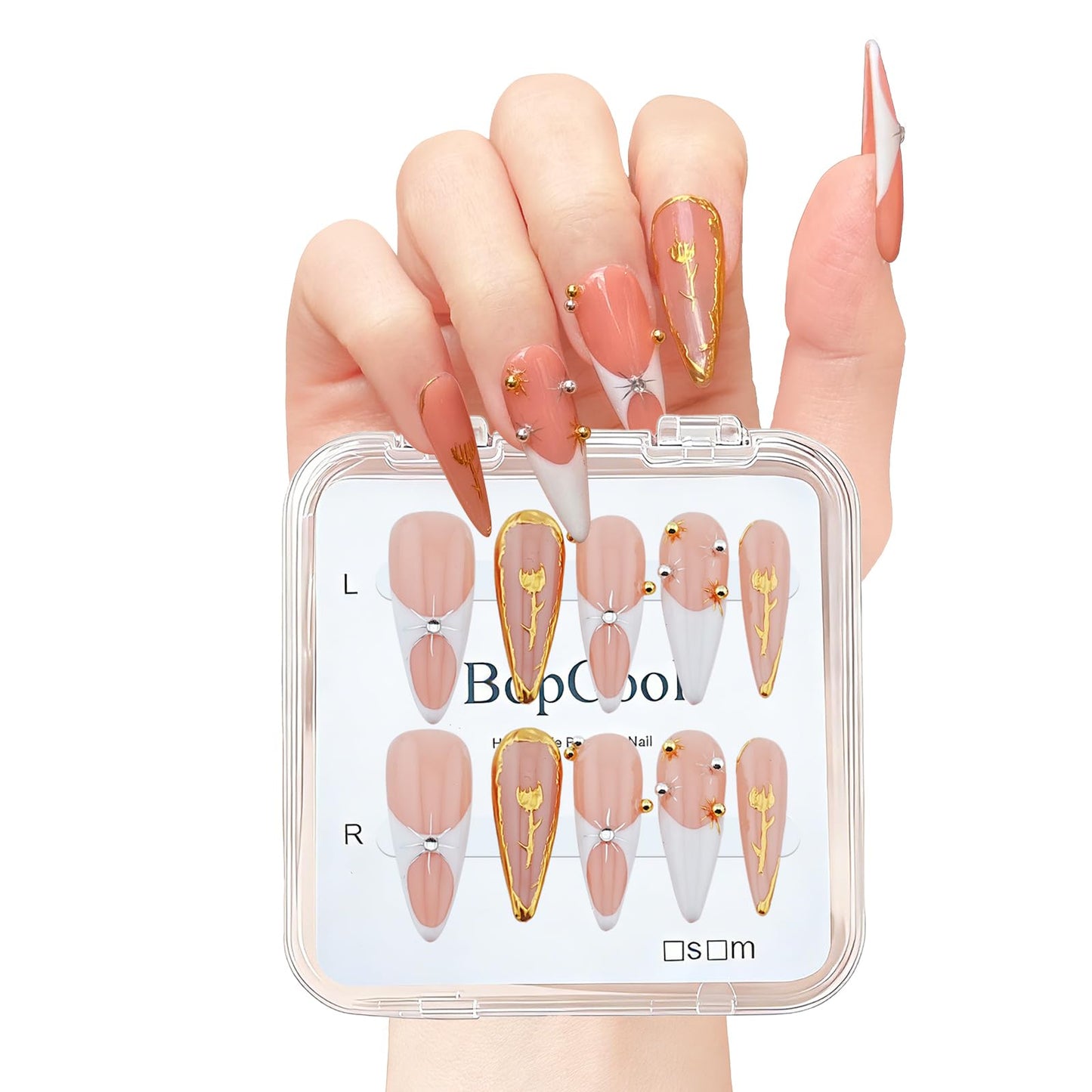 Luxury Long Stiletto Handmade Press-On Nails – Nude Almond Acrylic False Nails with 3D Rhinestones & White French False Nails – Reusable Nail Art(10PCS-S)
