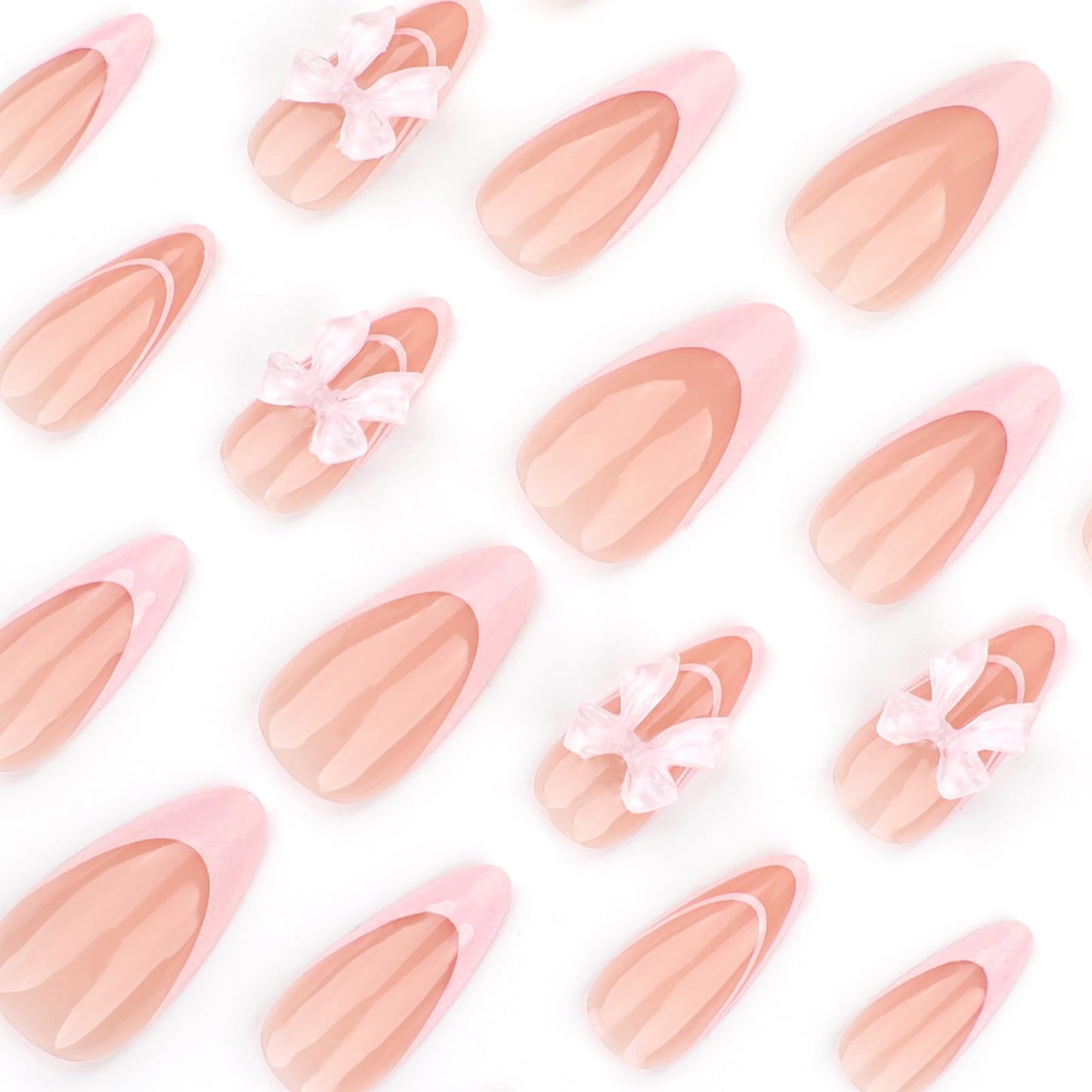 24Pcs Pink Almond Press on Nails Short Medium Fake Nails French Tip False Nails with Bow Design Cute Acrylic Nails Press ons Artificial Nails Glossy Full Cover Glue on Nails Stick on Nails for Women