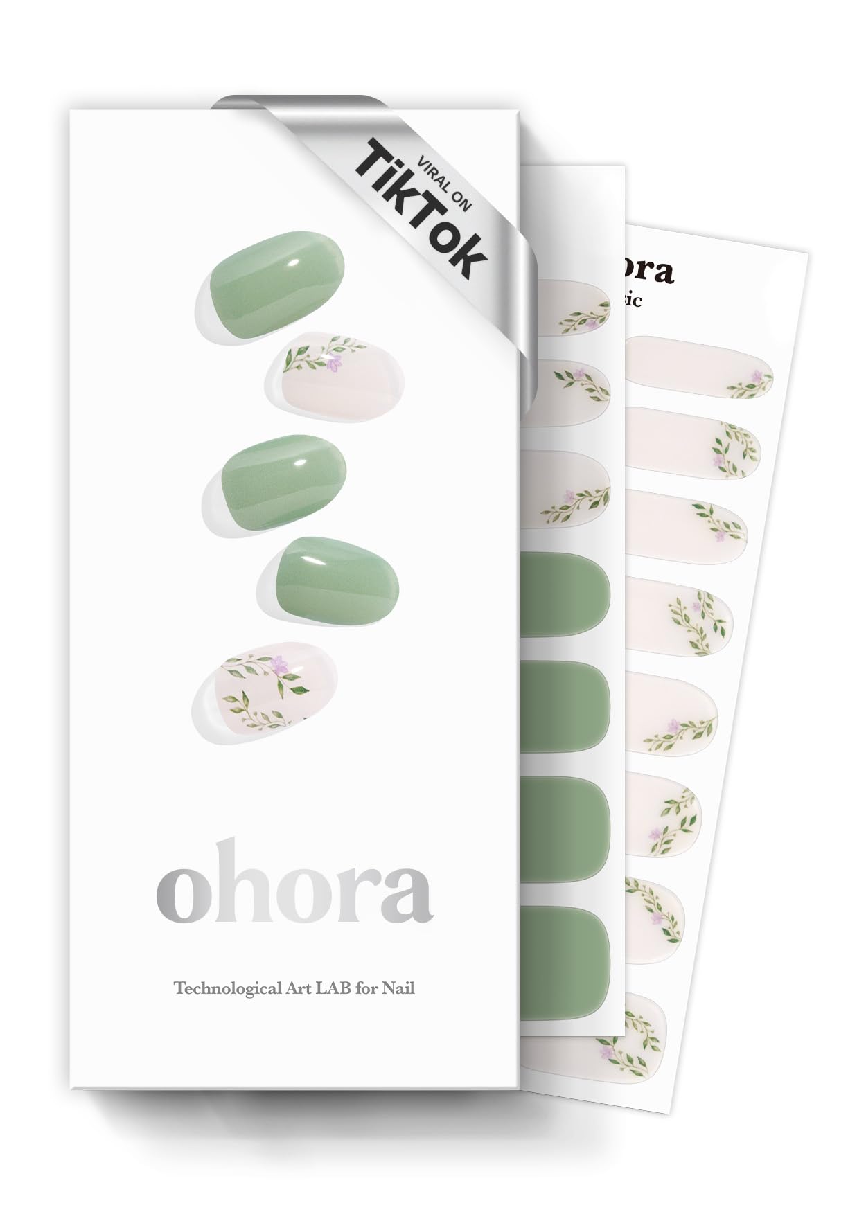 ohora Semi Cured Gel Nail Strips (N Spring Garden) - Green, Patterned, Works with Any UV/LED Lamps, Salon-Quality, Long Lasting, Easy to Apply & Remove - Includes 2 Prep Pads, Nail File & Wooden Stick