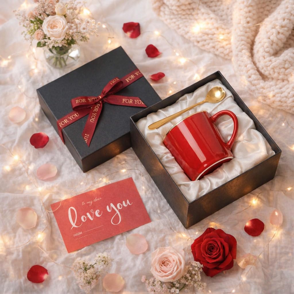 Heart Mug with Gold Heart Spoon, gift box and Gift Message Card – Romantic Stoneware Coffee Cup, 15.5oz, Holiday Drinkware, Valentine, Birthday, Couples, Her, Boyfriend, Girlfriend (Gift Box)
