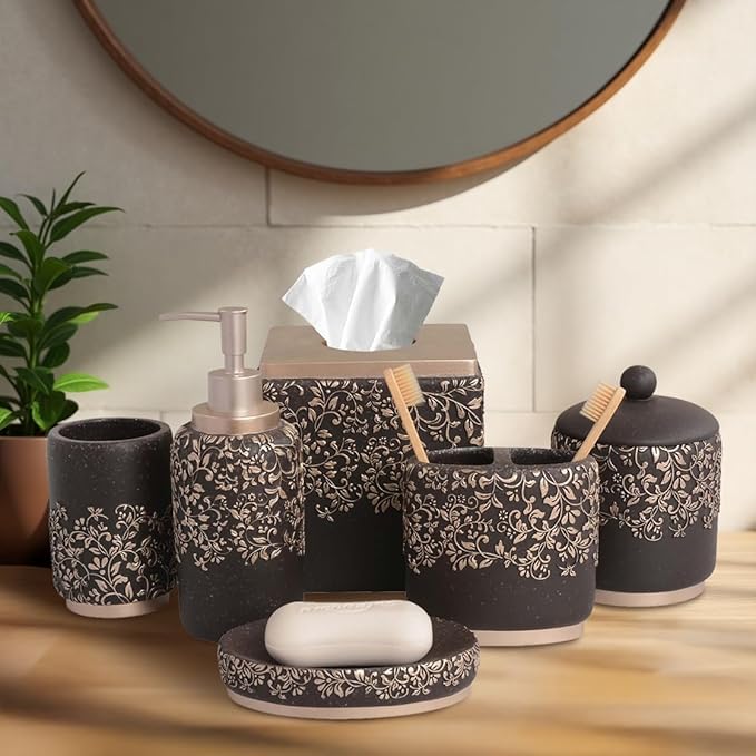 6-Piece Bathroom Accessories Set – Soap Dispenser, Toothbrush Holder, Tumbler, Soap Dish, Cotton Swab Jar & Toilet Brush – Modern Bathroom Decor Set (Stella)