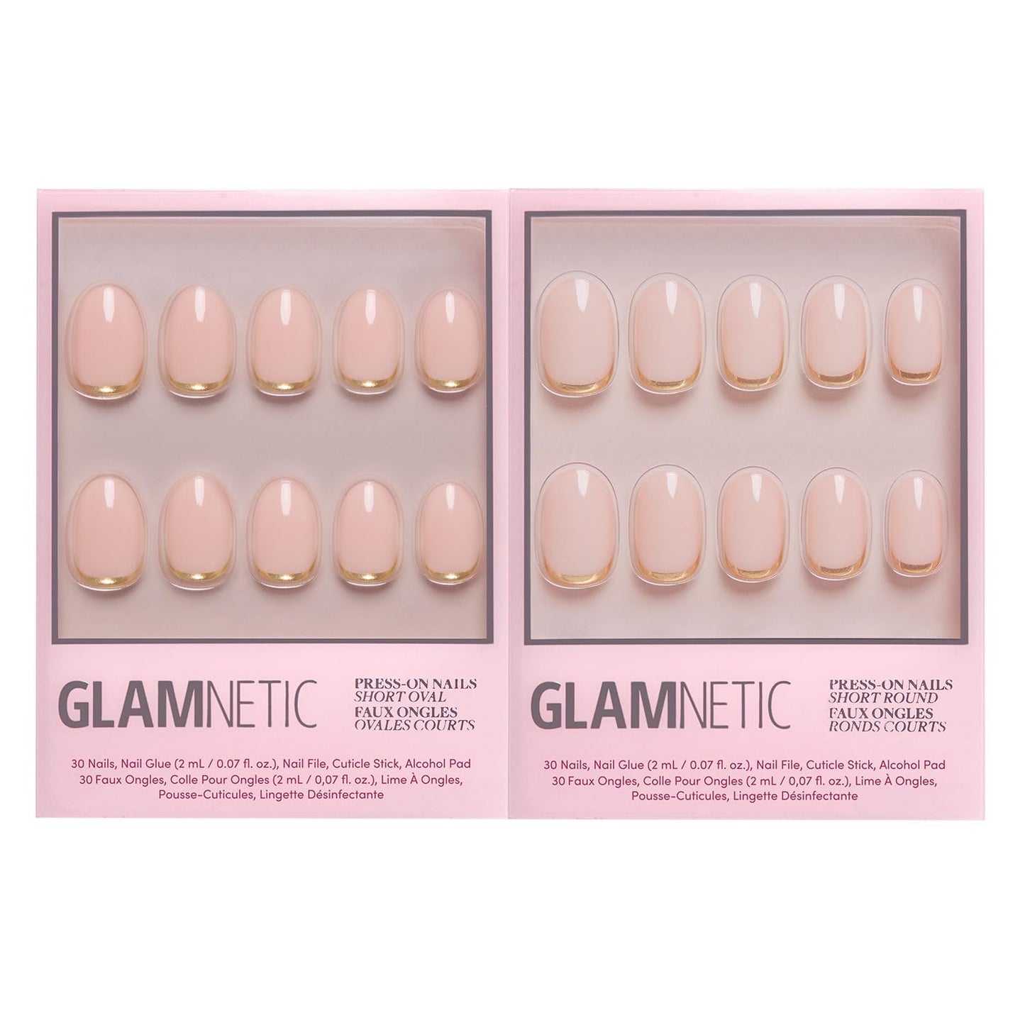 Glamnetic Press-On Nails Bundle - Glam Goals & Goal Digger | 2 Neutral Fake Nails with Gold Reverse French Tip in Short Oval & Short Round | Durable, Salon-Quality Nail Kits
