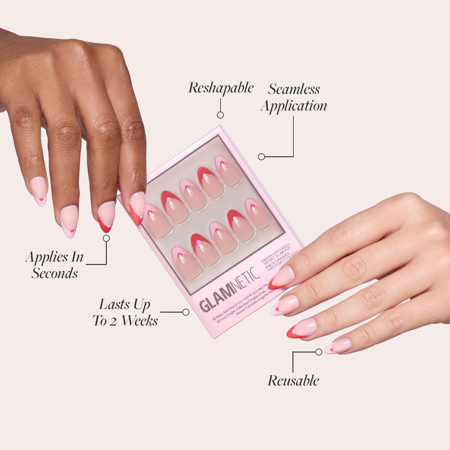 Glamnetic Press-On Nails & Adhesive Nail Tabs - Pure Hearted | Short Almond Fake Nails with Heart Accents | 15 Sizes - 30 Nail Kit with Adhesive Tabs