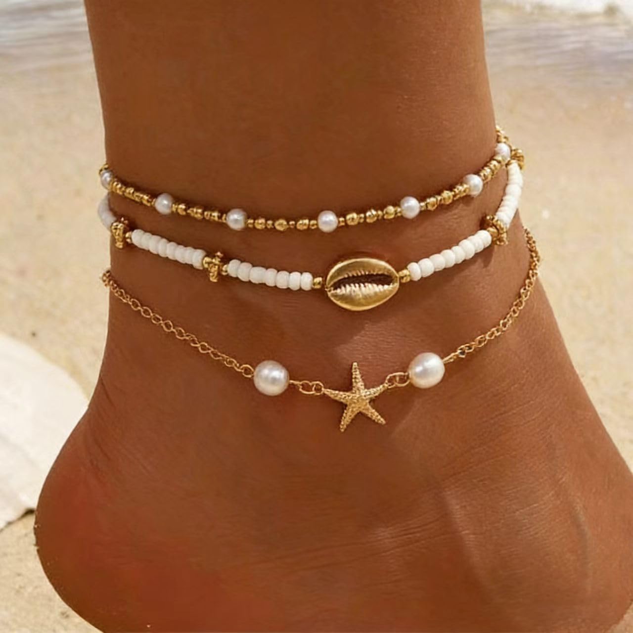 Smilelife Seashell Ankle Bracelets for Women Starfish Bracelets Layered Boho Puka Shell Anklet Cowrie Shell Bracelets Hawaiian Summer Beach Foot Chain Jewelry (Starfish)
