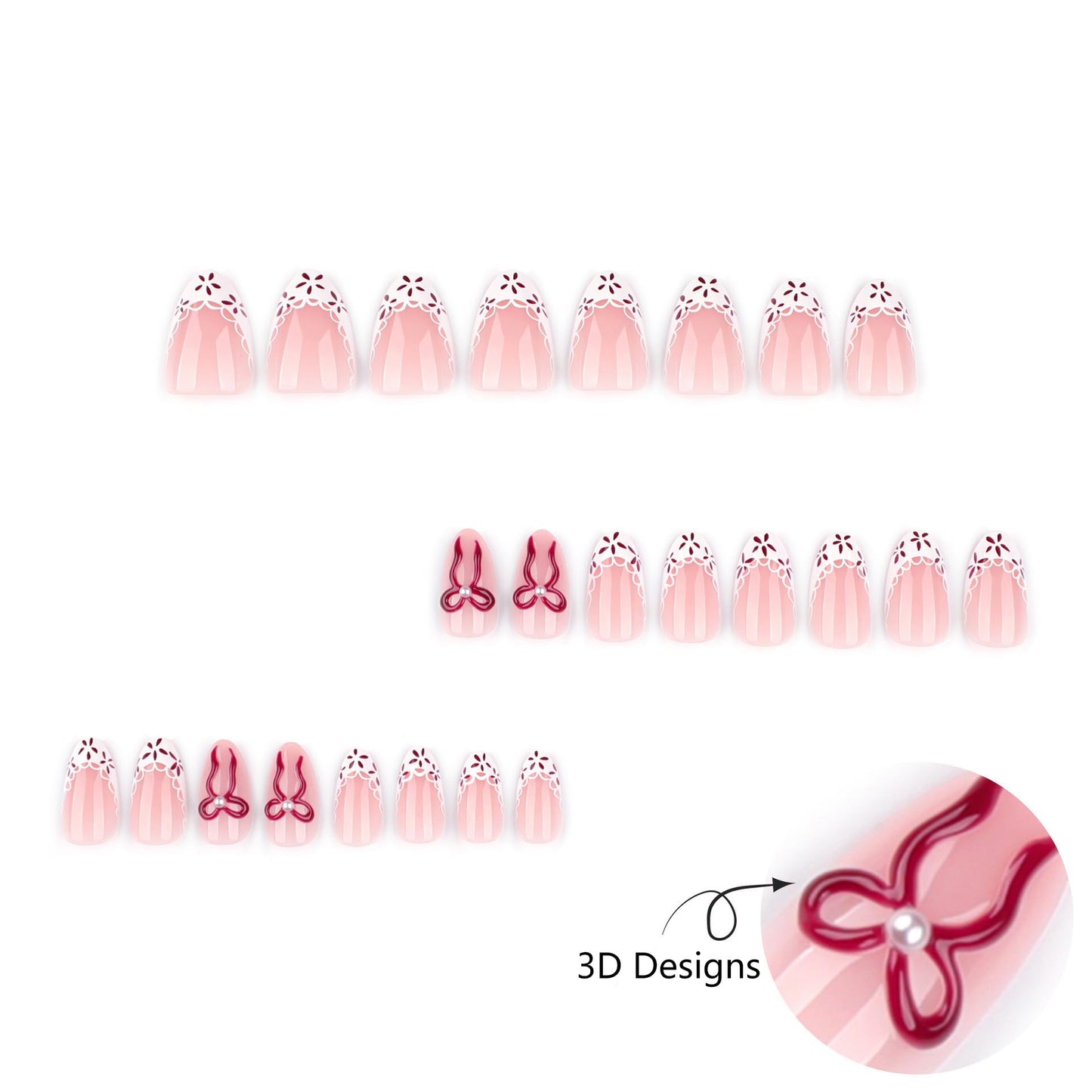 3D Bow French Tip Press on Nails Medium Almond Fake Nails Flower Tip Stripe Stick on Nails with Designs Spring Nails Press ons Salon Quality Artificial Nails for Women 24Pcs