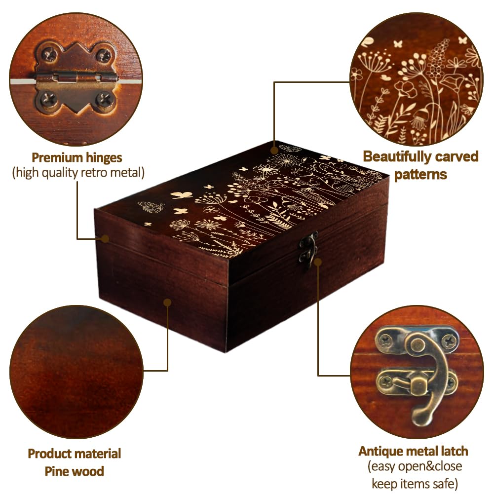arricraft 1 Pc Wooden Memory Keepsake Box, Wildflower Cluster Butterflies Engraved Pattern Rectangle Pine Tarot Box for Anniversary Jewelry Board Storage (9.45x5.51x3.54 Inch)
