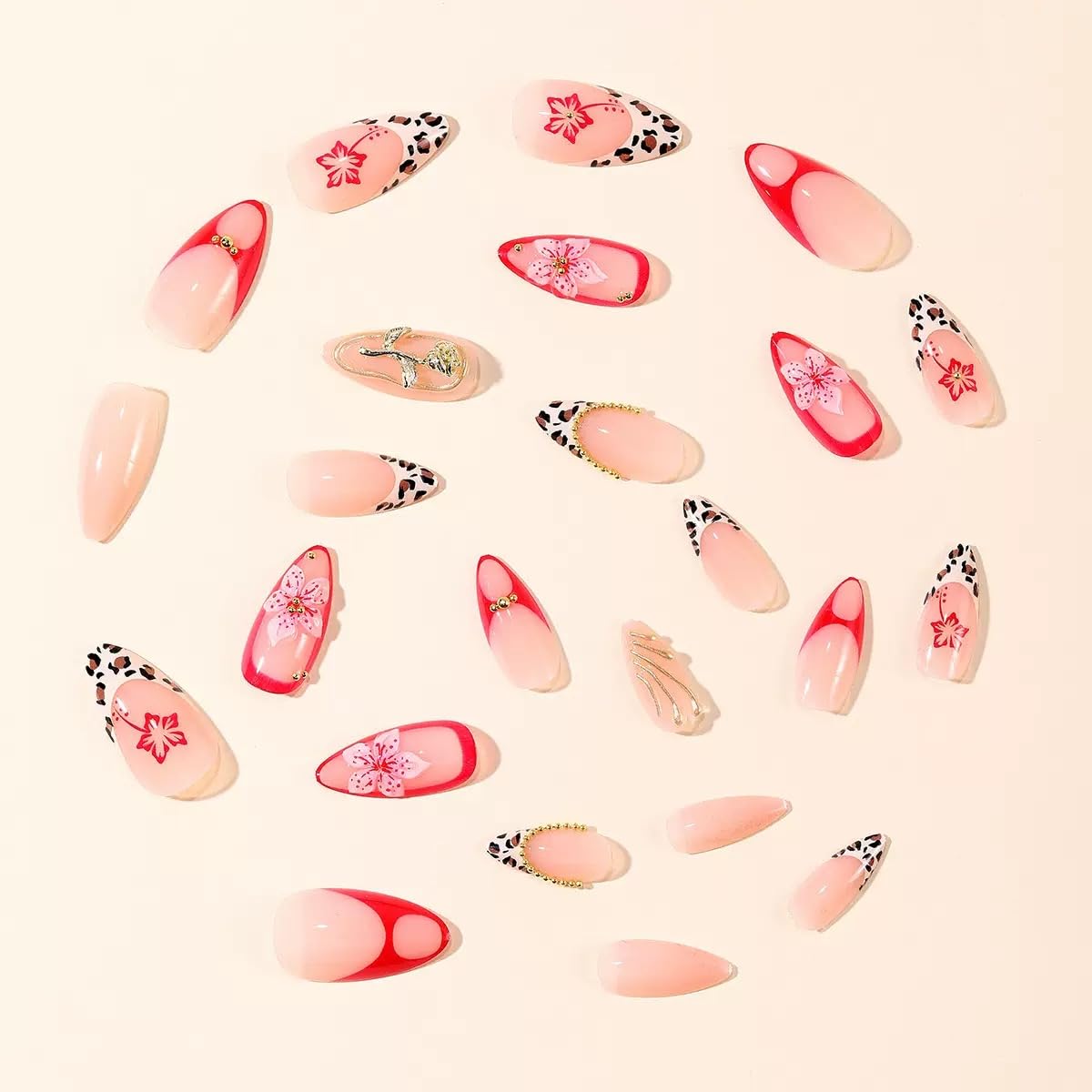 Almond Press on Nails Medium - Flower Fake Nails with 3D Gold Design - Ombre, French Tip False Nails for Women - 24 Pcs
