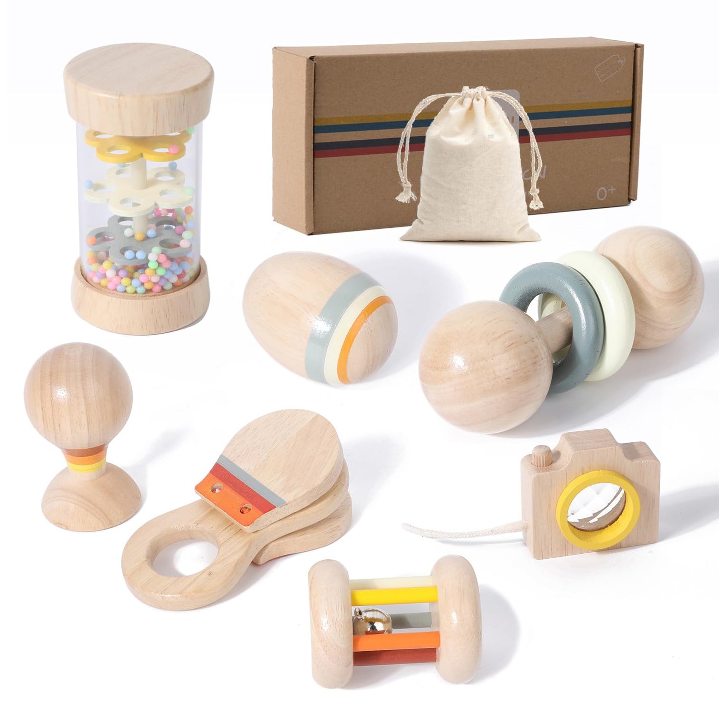 Wooden Baby Rattle Musical Set Montessori Toys for Infants 0+ Months - Rainmaker, Egg Shaker, Maracas, Ring Rattle, Bell Roller Rattle, Castanets, Kaleidoscope, Newborn Sensory Play Gift