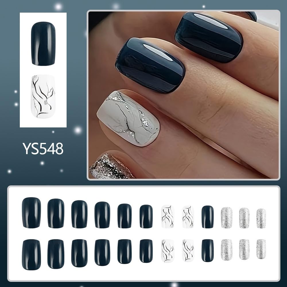 Medium Square Press On Nails Dark Blue Fake Nails Marbling With Glitter Design Full Cover Acrylic False Nails Artificial Glossy Glue On Nail Stick On Nail For Women Manicure 24pcs