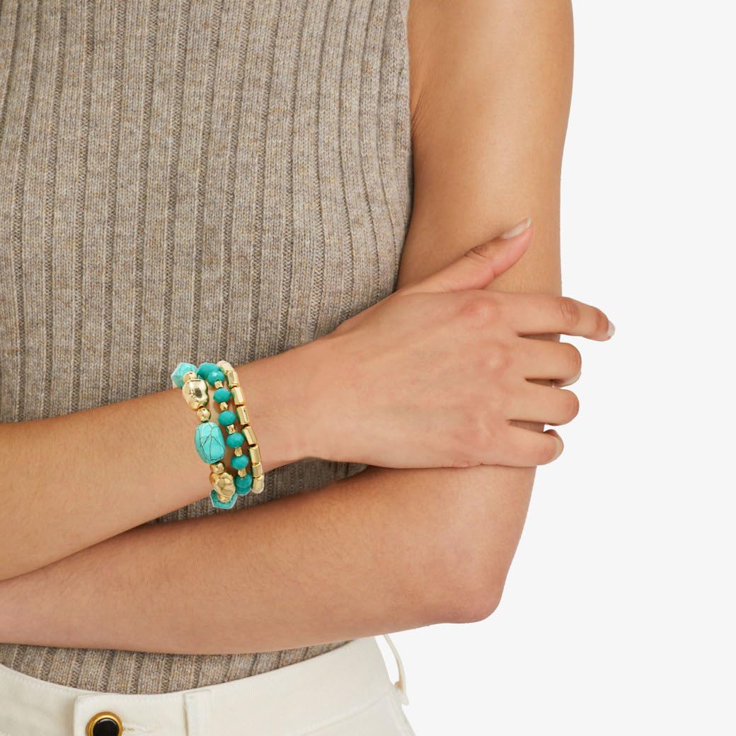 Aigrnc Boho Beaded Stretch Bracelets For Women Stackable Crystal Gold Plated Beaded Bracelets Set Trendy Handmade Friendship Braeclet Jewelry Gifts (L-Turquoise 3 pcs)