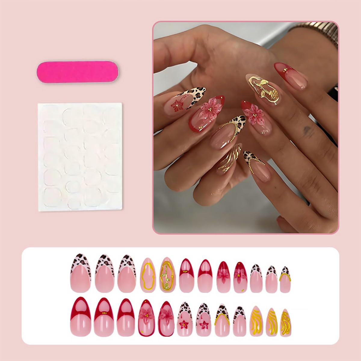 24Pcs Leopard Print French Tip Press on Nails Medium Almond Flower Fake Nails with Gold Rose Rhinestones Design Pink Full Cover Artificial Glue on Nails Glitter Stick on Nails for Women Spring Set