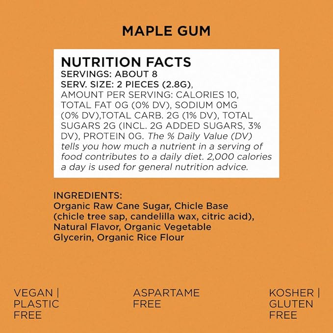 SIMPLY Gum Maple, Plastic-Free Natural Chewing Gum, 6 Pack (90 Pieces) | Vegan, Kosher, Non GMO, Aspartame Free and Sorbitol Free