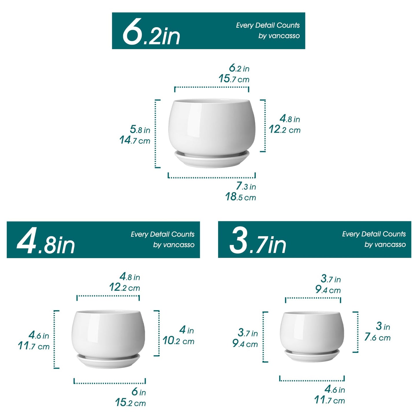 vancasso 3-Pack Ceramic Plant Pots, 3.7/4.8/6.2 Inch Indoor Planters with Saucers & Drainage Hole Planter pots for Indoor Plants and Flower, White