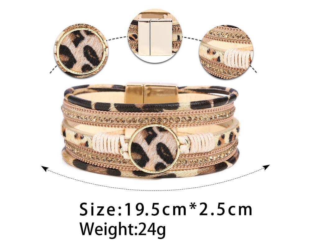 Fesciory Leopard Bracelet for Women, Boho Leather Wrap Multi-Layer Pearl Crystal Bracelet Bangle Jewelry(Khaki Leopard)