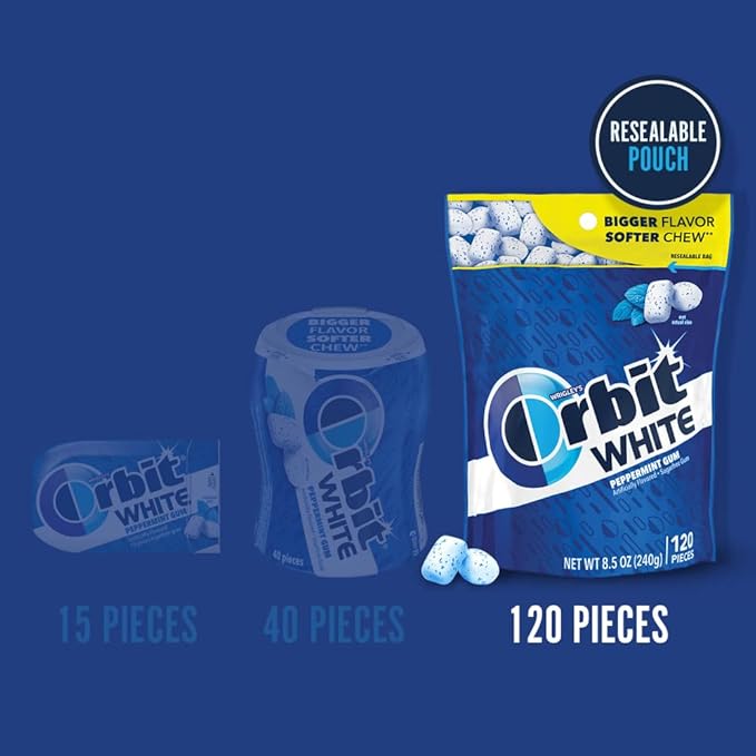 ORBIT WHITE Peppermint Gum - Sugar-Free Chewing Gum, Resealable Bag 120 Pieces, 8 Pack